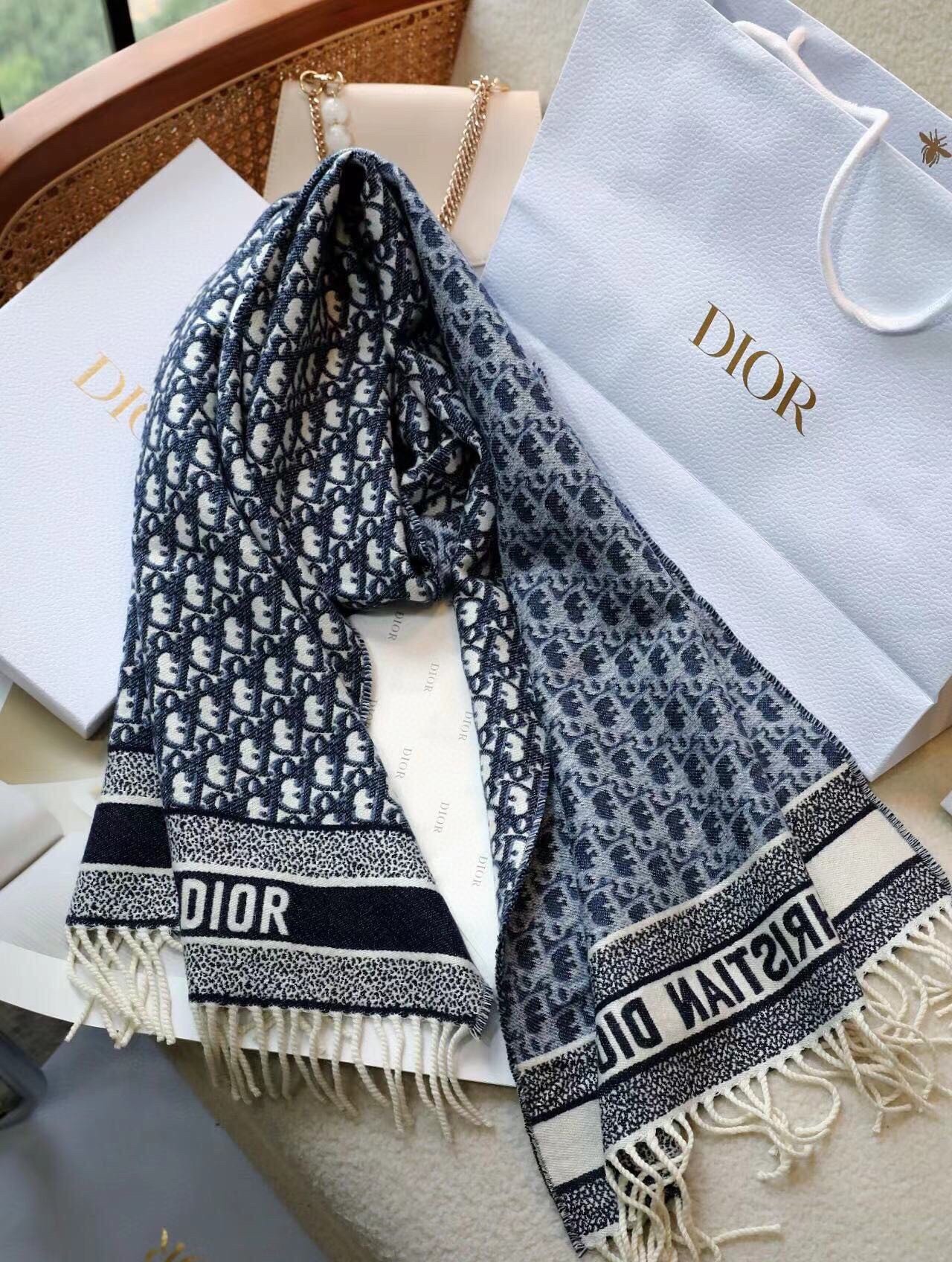 Dior Oblique Scarf In Navy Blue Cashmere