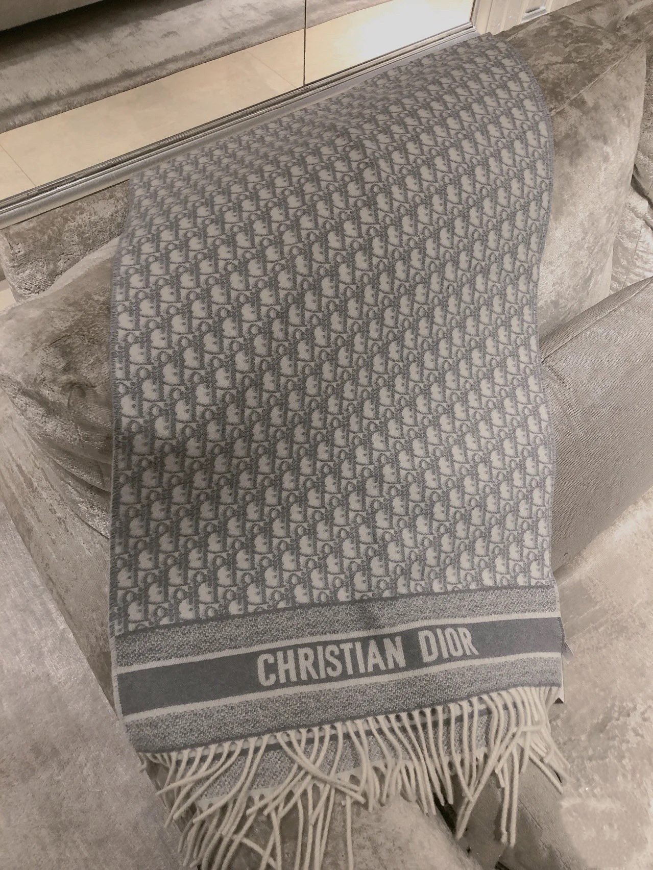 Dior Oblique Scarf In Grey Cashmere