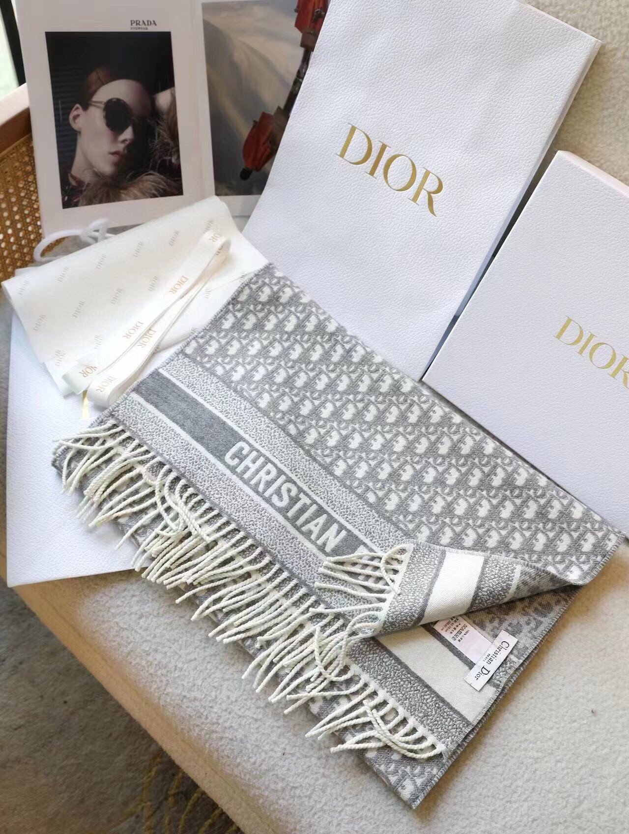 Dior Oblique Scarf In Grey Cashmere