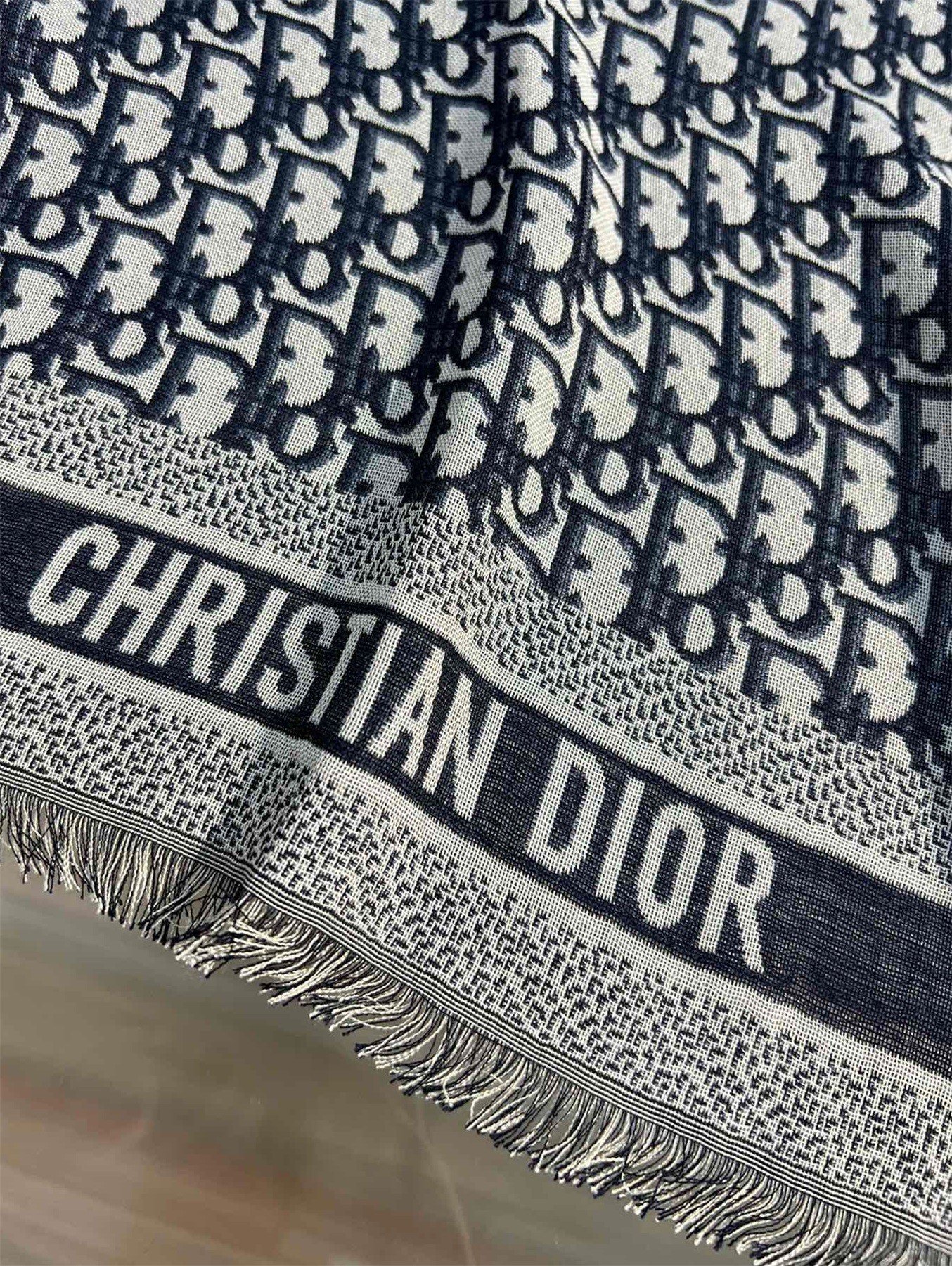 Dior D-Oblique Shawl in Navy Blue Wool and Cotton