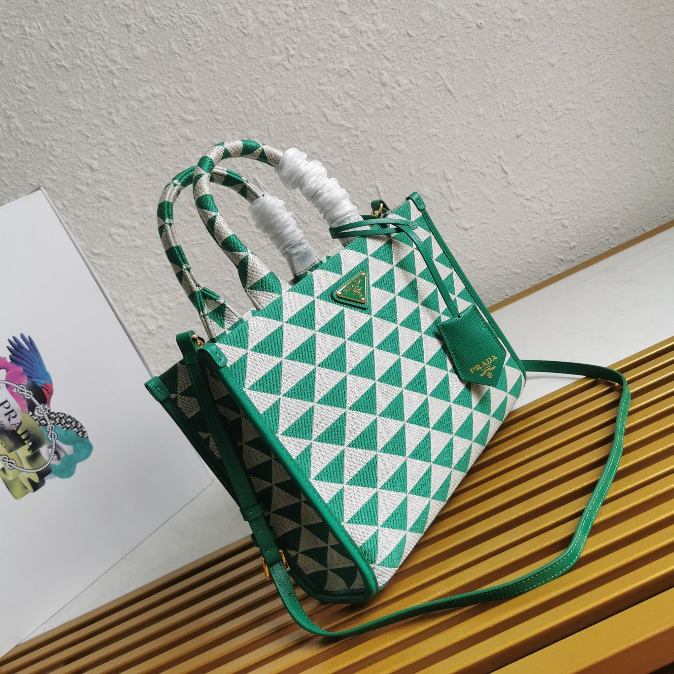 Prada Symbole Small Bag In Green/White Jacquard Fabric