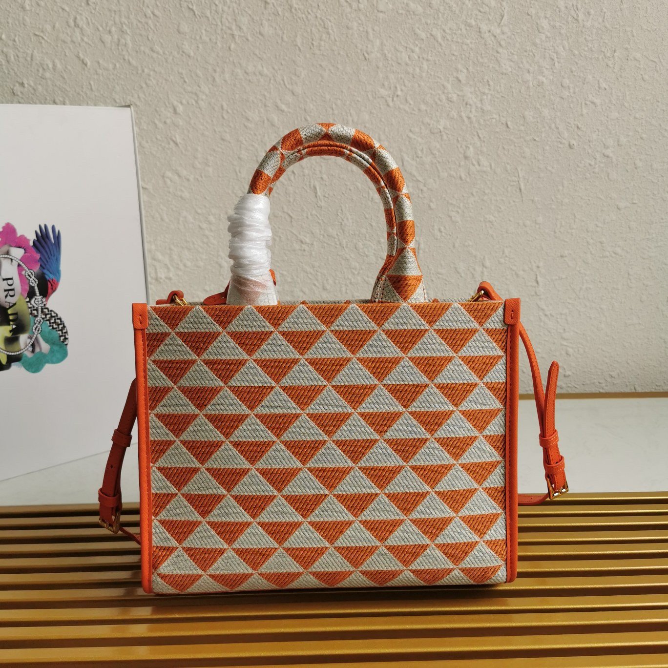 Prada Symbole Small Bag In Orange/White Jacquard Fabric