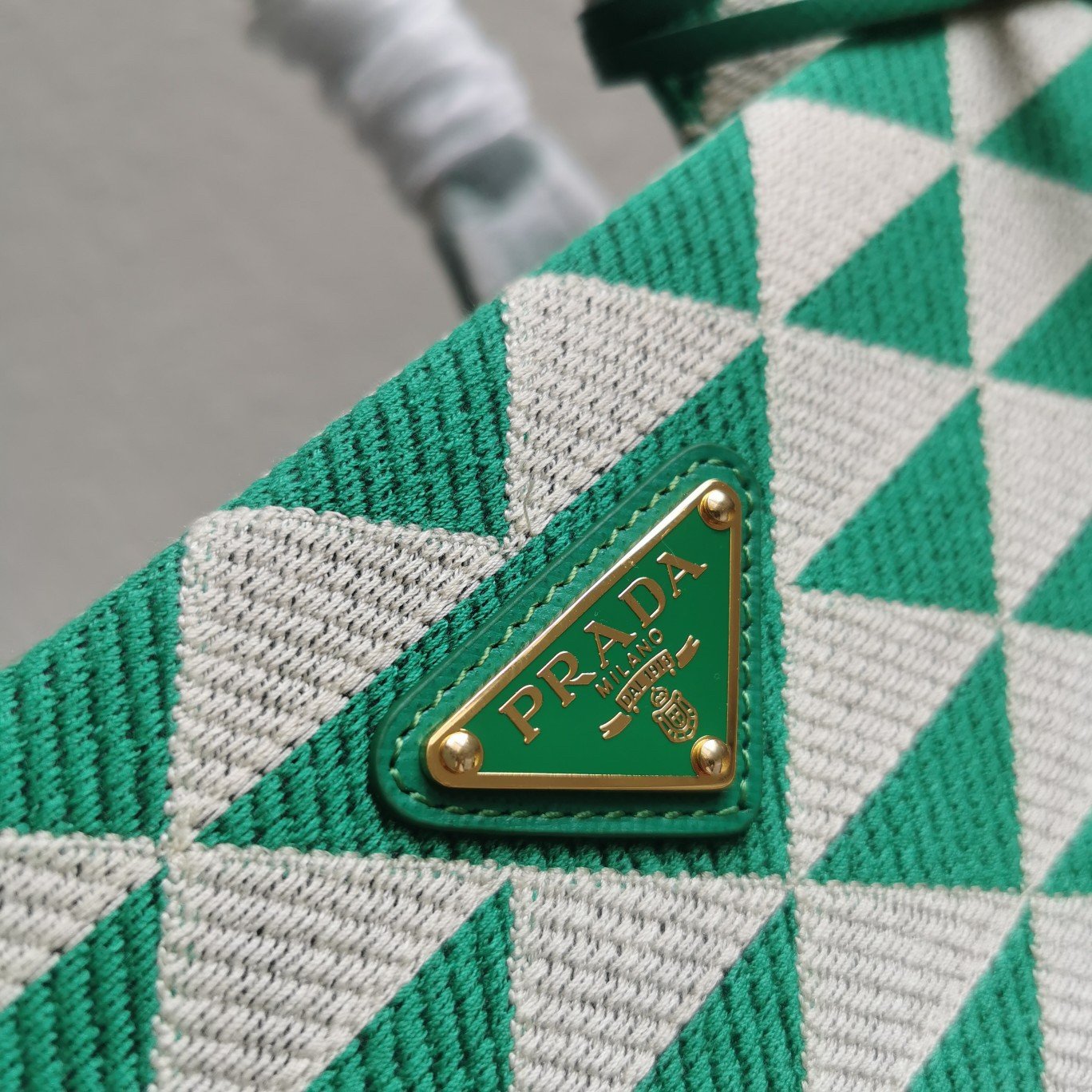 Prada Symbole Large Bag In Green/White Jacquard Fabric