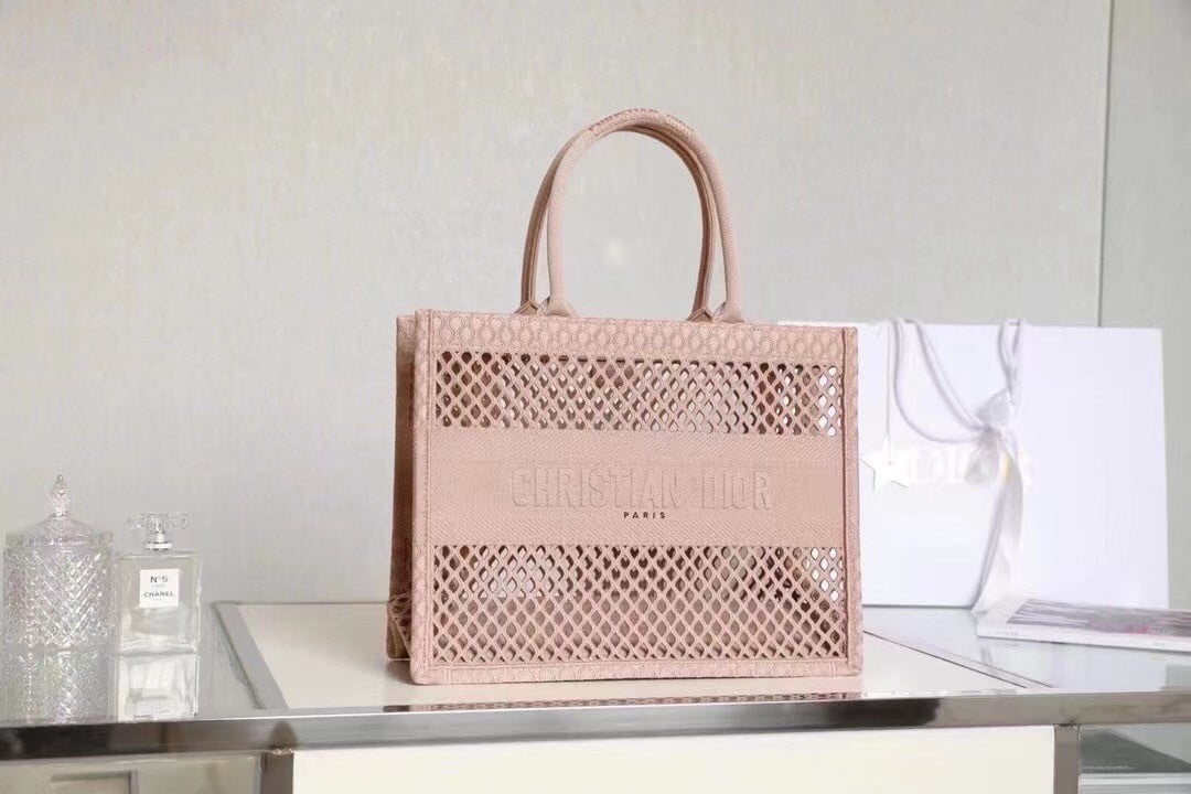 Dior Large Book Tote Bag In Beige Mesh Embroidery