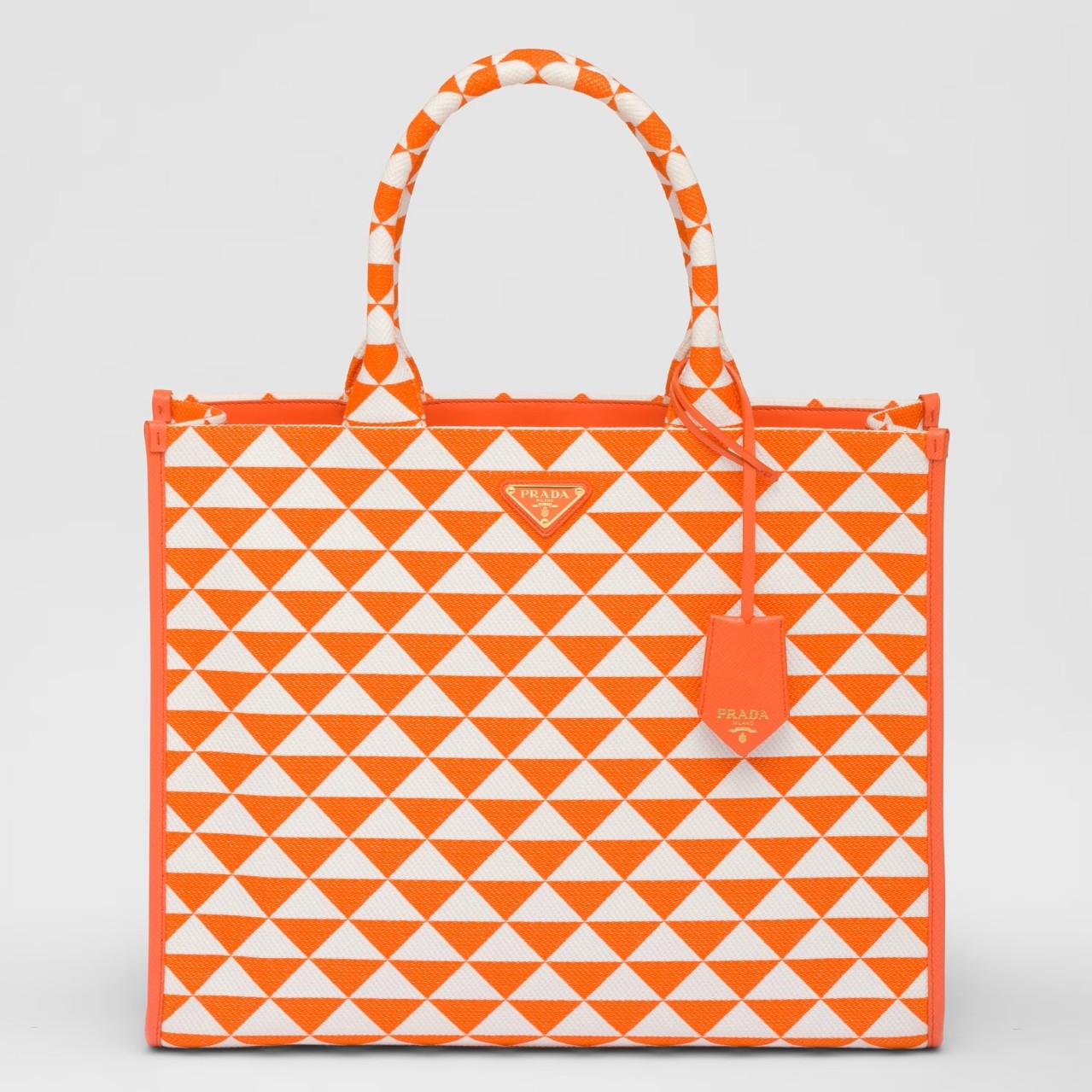 Prada Symbole Large Bag In Orange/White Jacquard Fabric