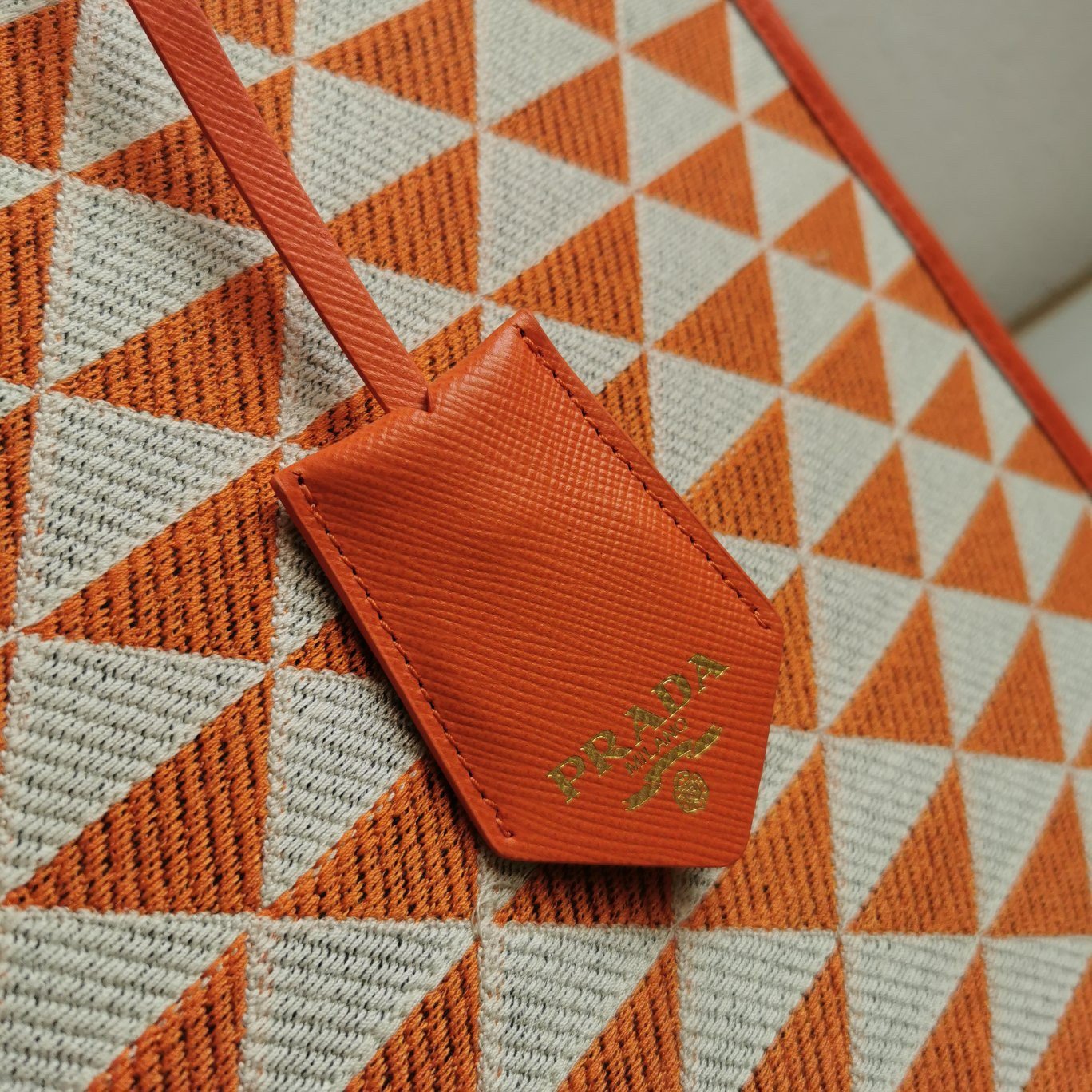 Prada Symbole Large Bag In Orange/White Jacquard Fabric