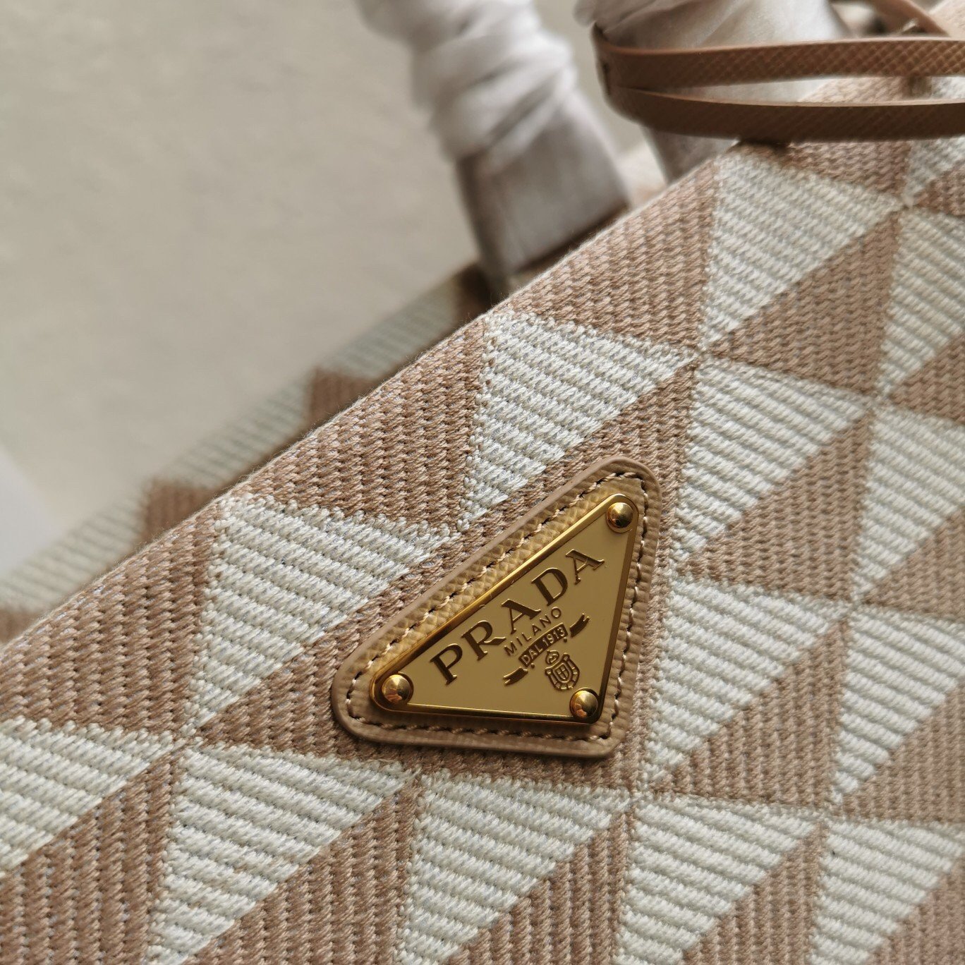 Prada Symbole Large Bag In Beige/White Jacquard Fabric