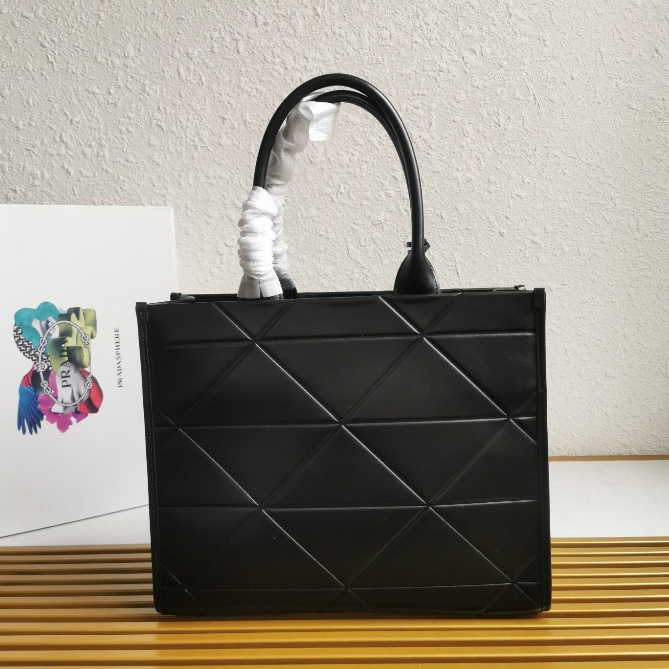 Prada Symbole Medium Bag with Topstitching in Black Leather