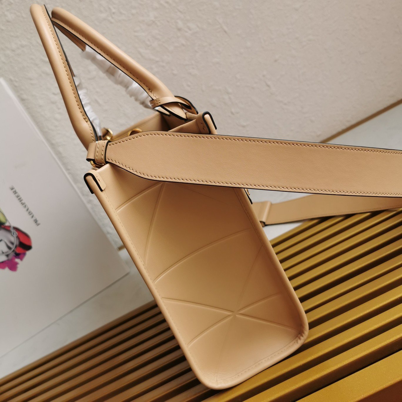 Prada Symbole Small Bag with Topstitching in Beige Leather