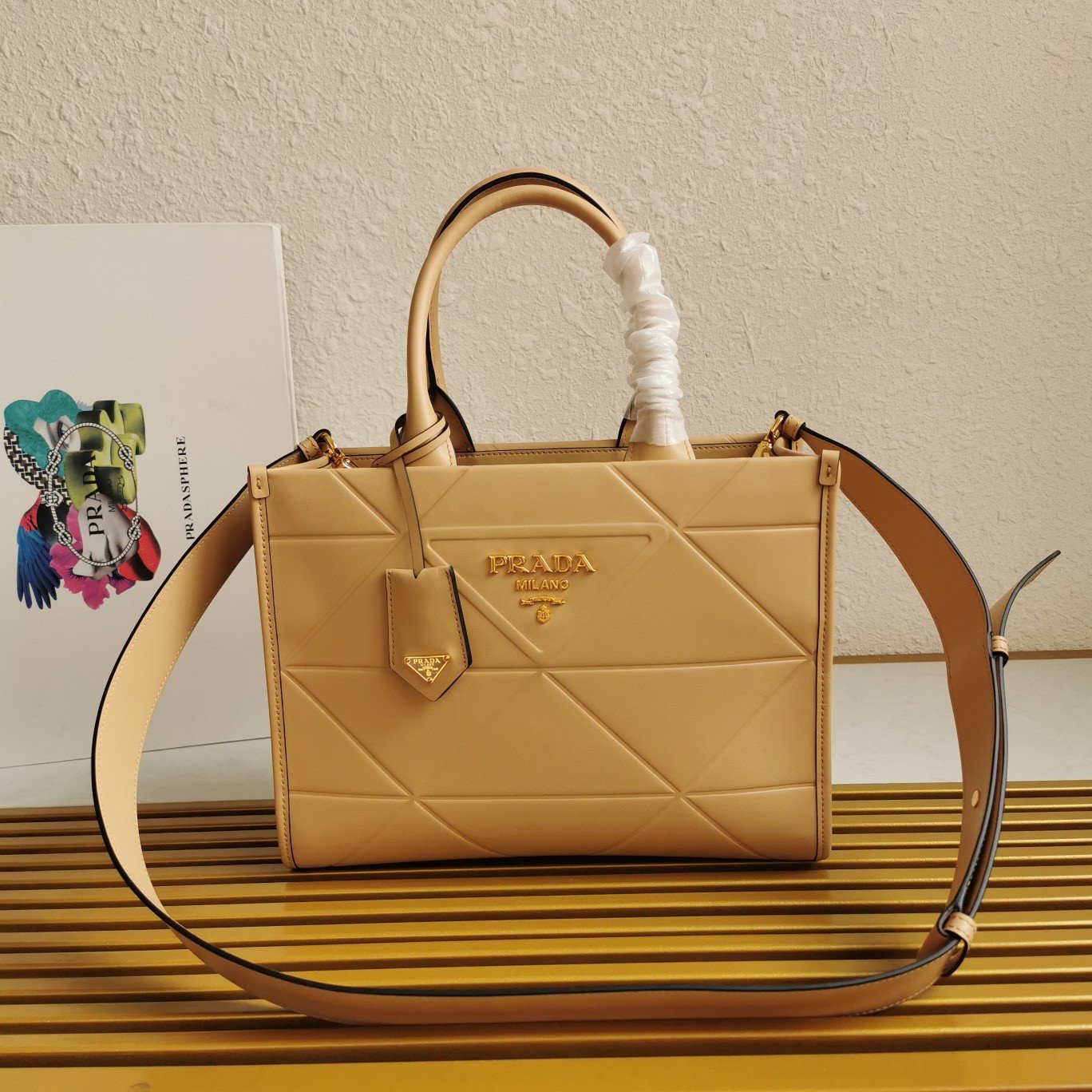 Prada Symbole Small Bag with Topstitching in Beige Leather