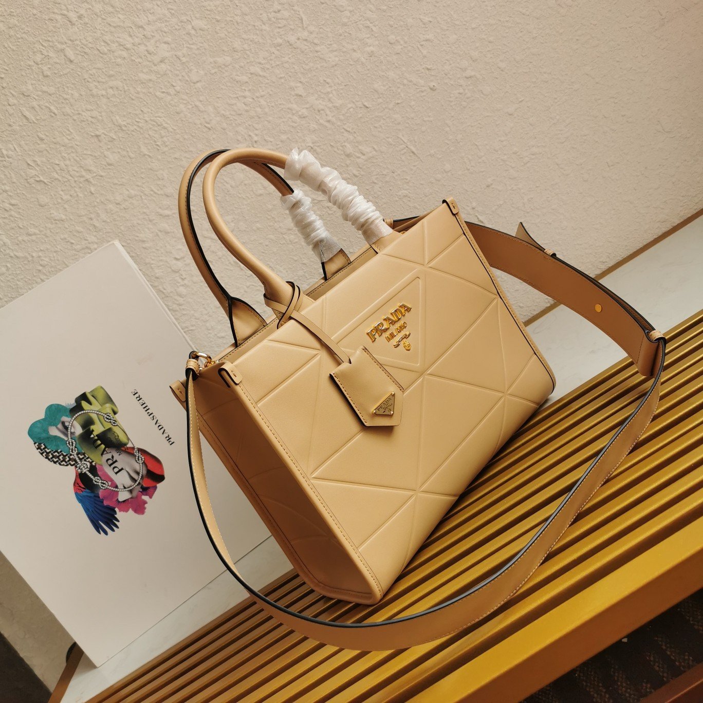 Prada Symbole Small Bag with Topstitching in Beige Leather