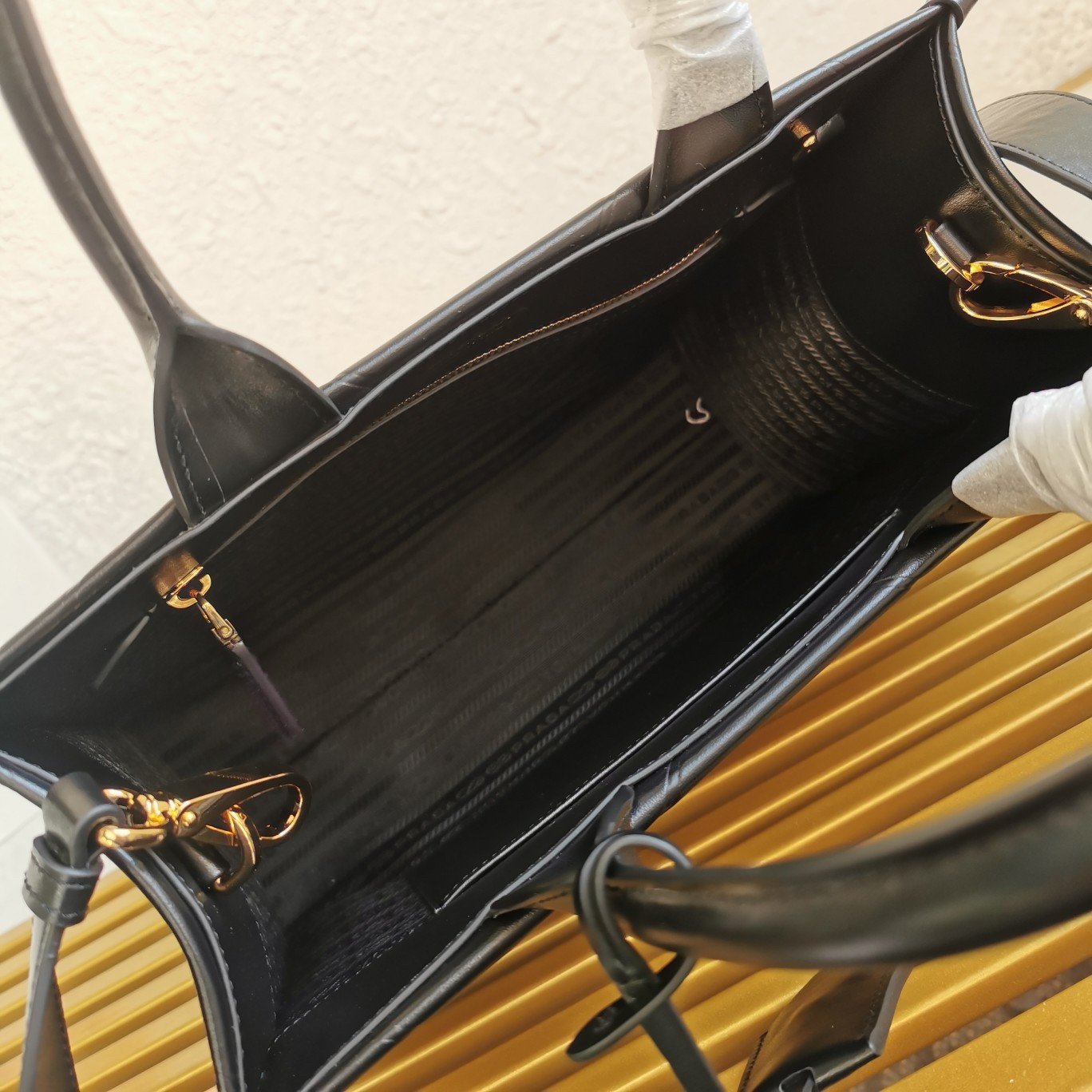 Prada Symbole Small Bag with Topstitching in Black Leather