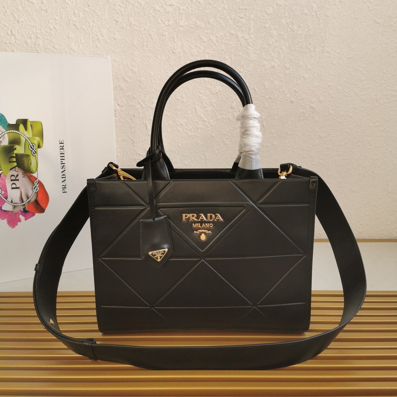 Prada Symbole Small Bag with Topstitching in Black Leather