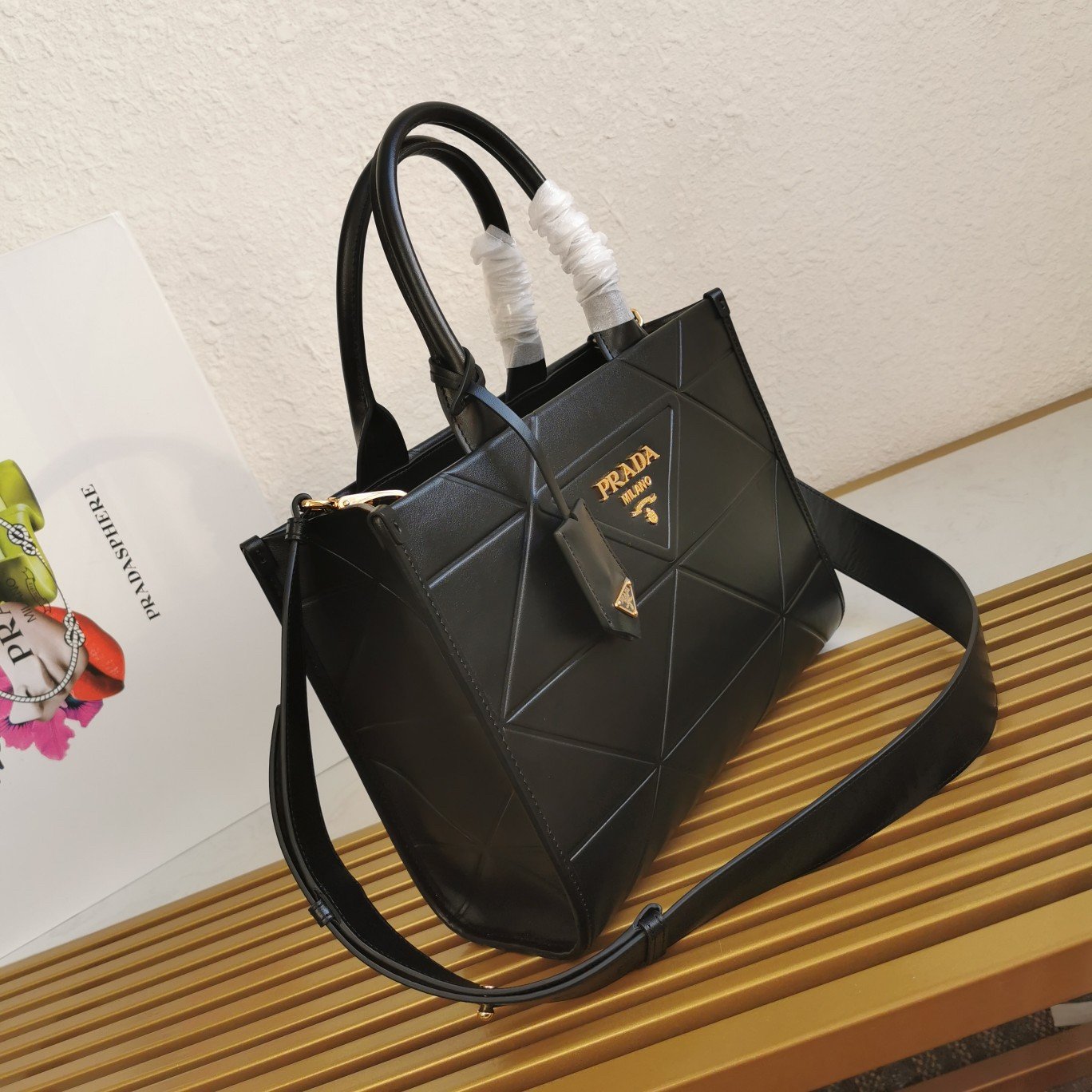 Prada Symbole Small Bag with Topstitching in Black Leather