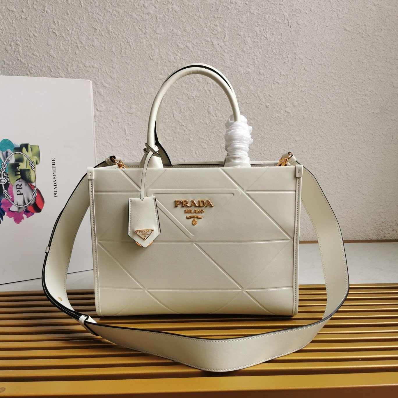 Prada Symbole Small Bag with Topstitching in White Leather