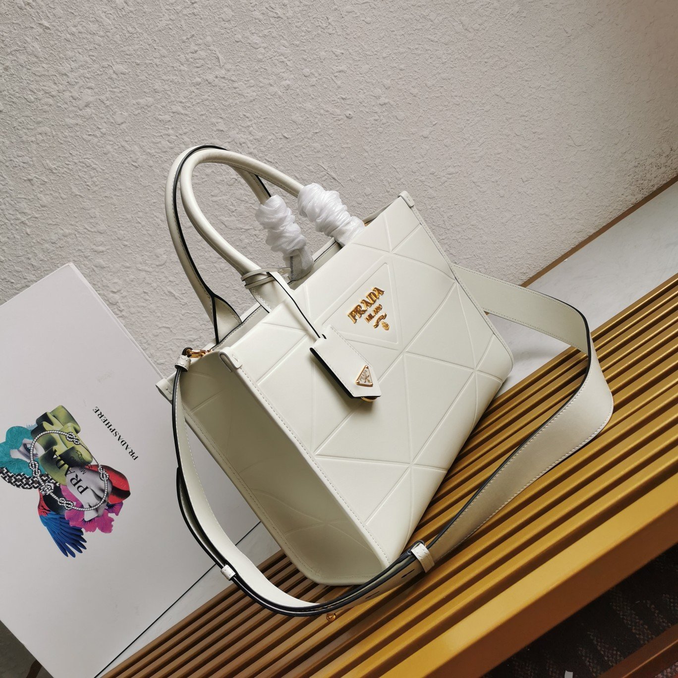 Prada Symbole Small Bag with Topstitching in White Leather