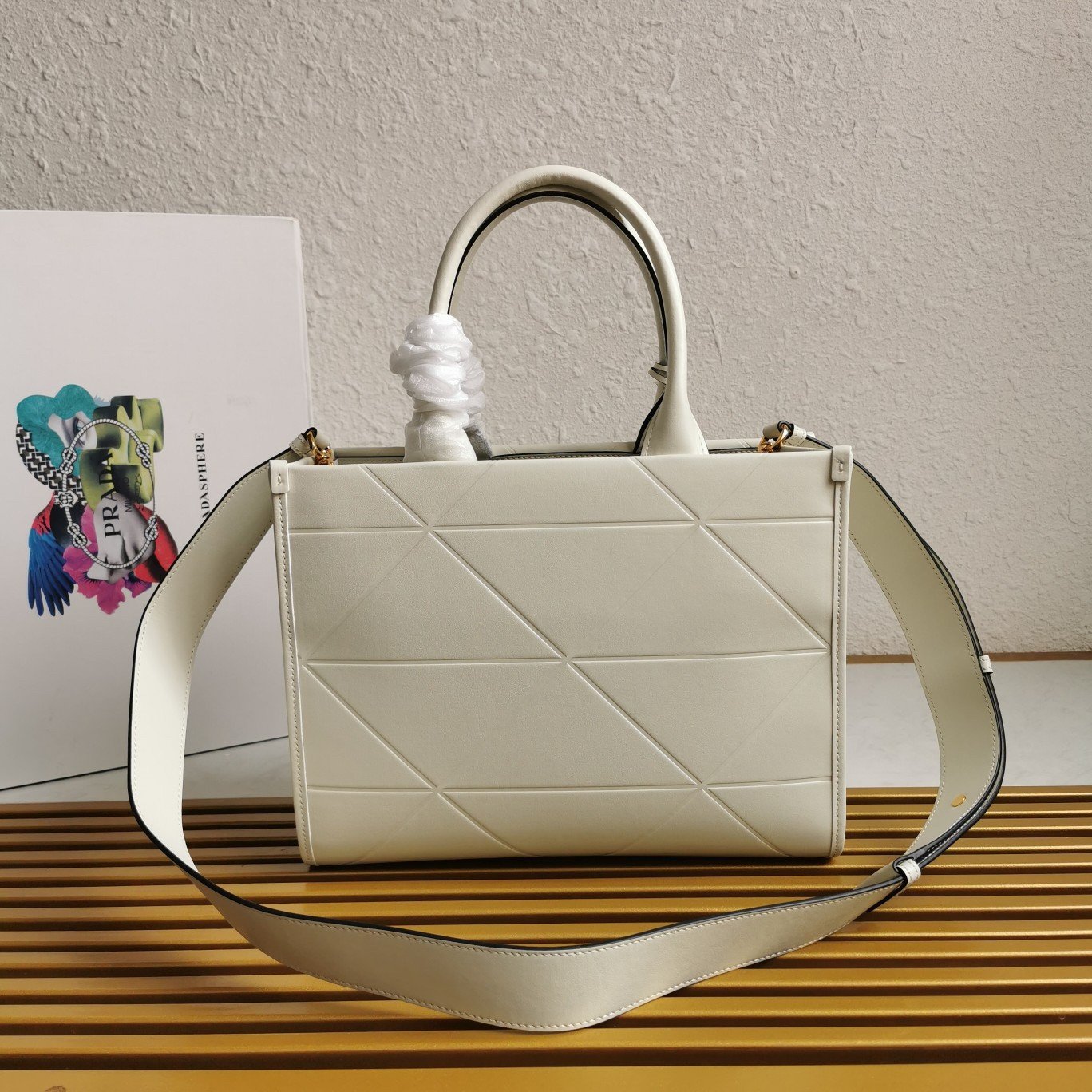 Prada Symbole Small Bag with Topstitching in White Leather