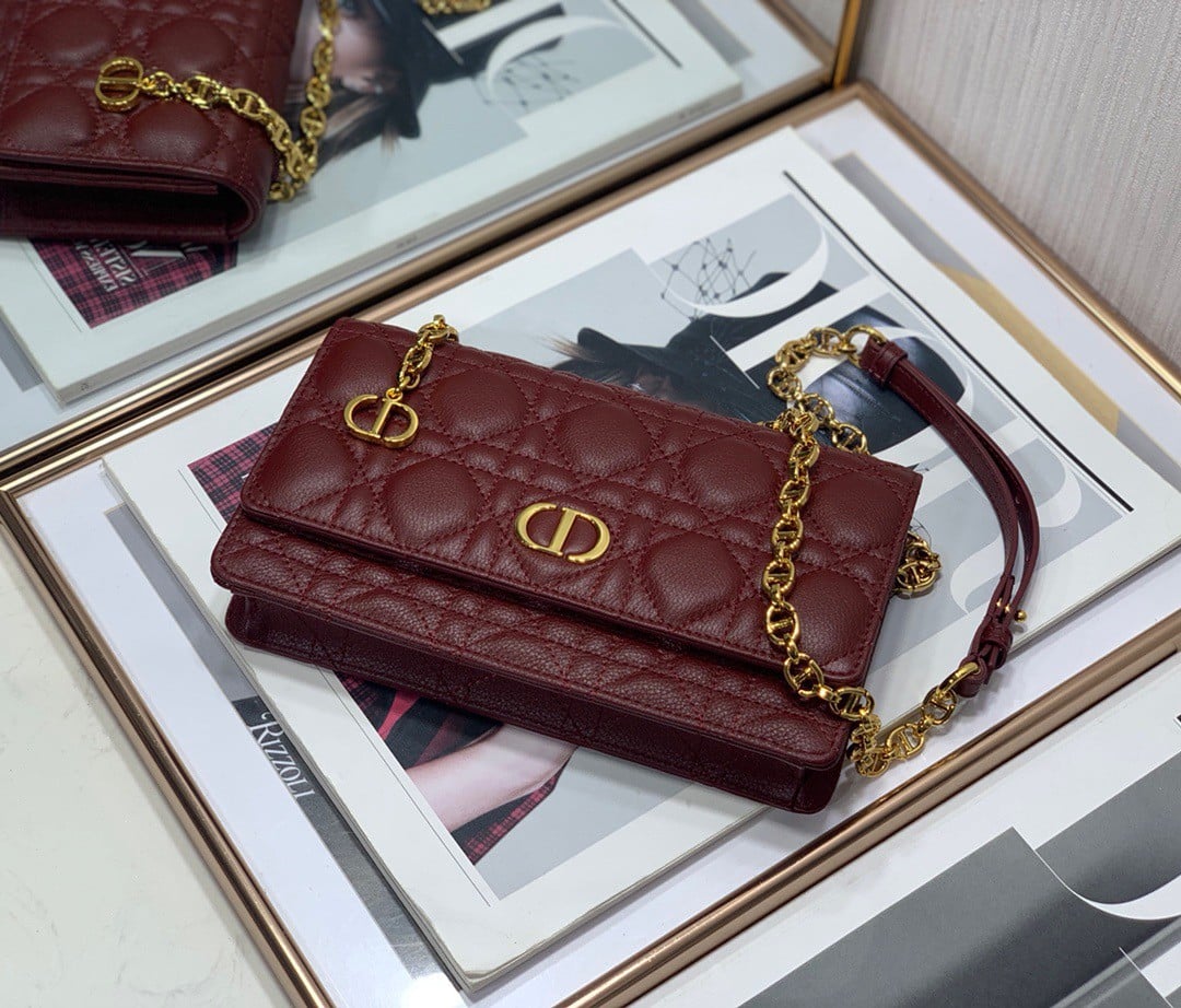 Dior Caro Belt Pouch with Chain In Bordeaux Calfskin