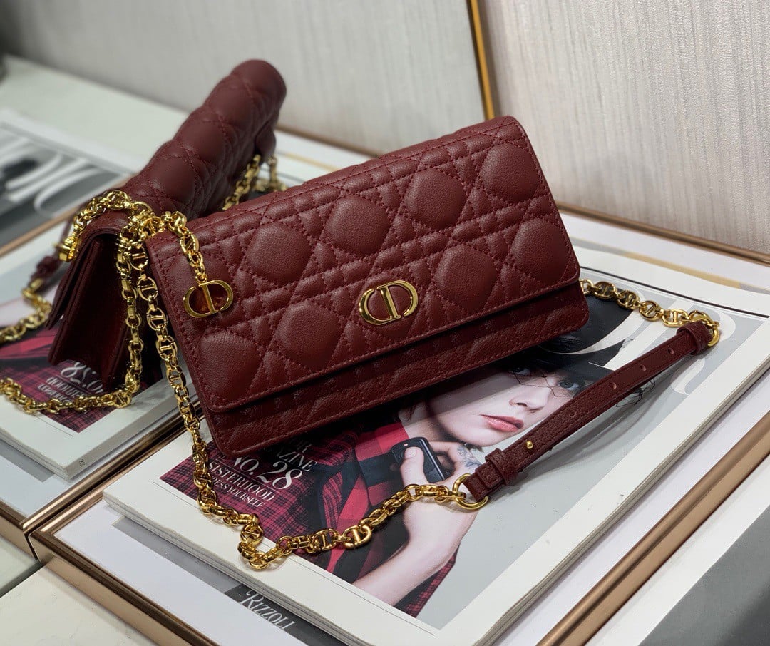 Dior Caro Belt Pouch with Chain In Bordeaux Calfskin