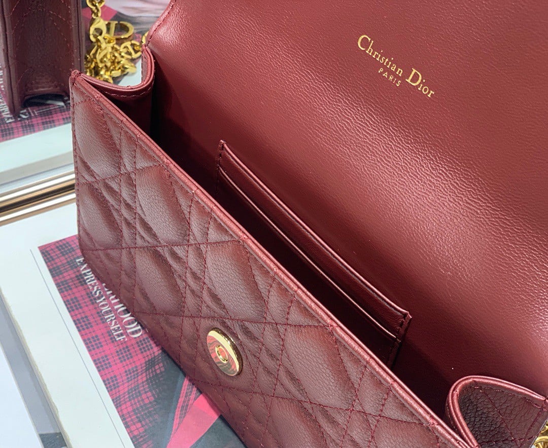 Dior Caro Belt Pouch with Chain In Bordeaux Calfskin