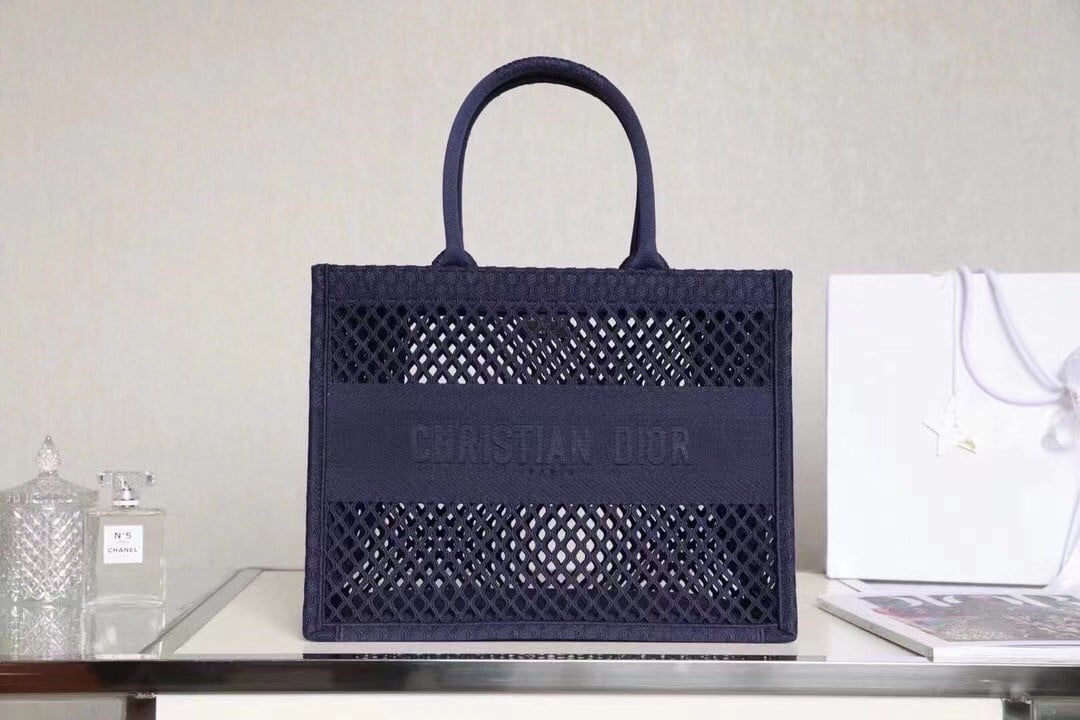 Dior Large Book Tote Bag In Blue Mesh Embroidery