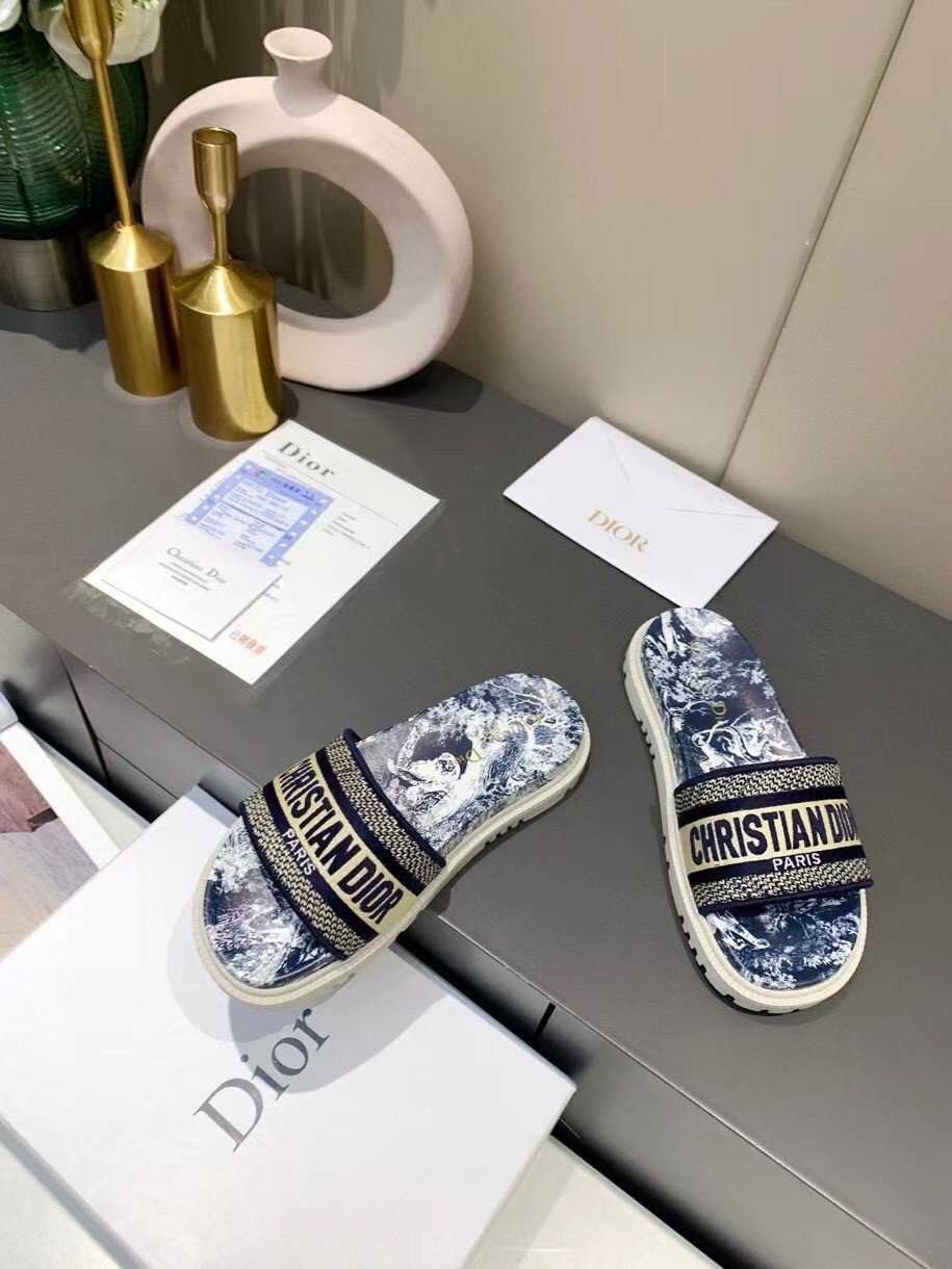 Dior Dway Slides In Blue Toile de Jouy Flowers Embroidered Cotton