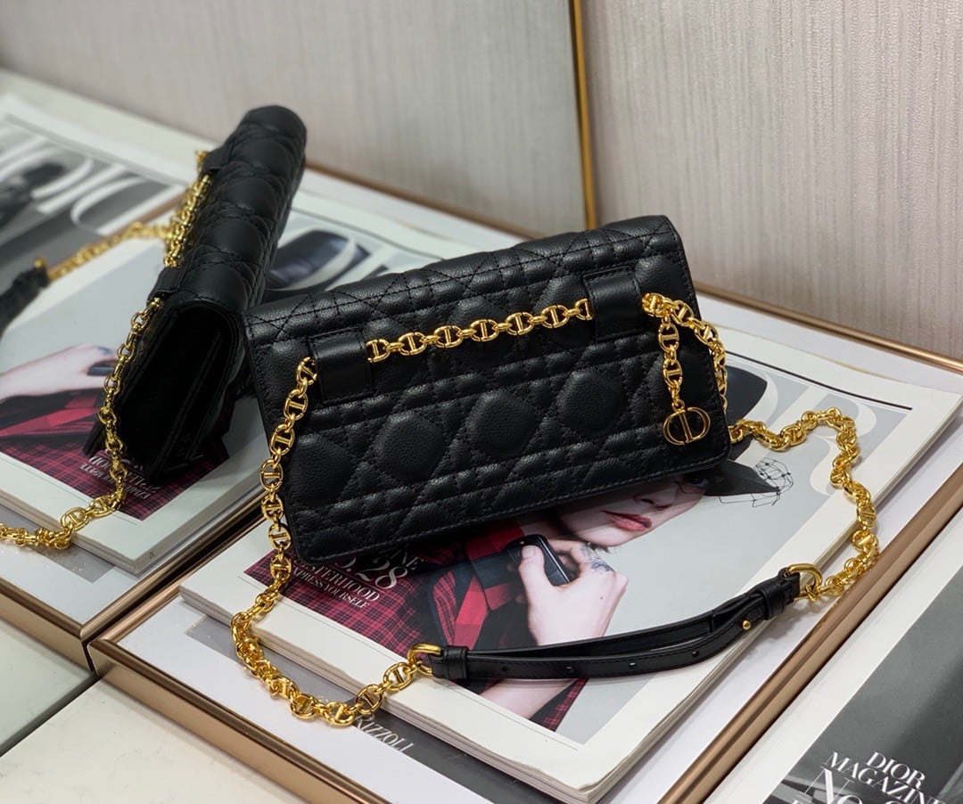 Dior Caro Belt Pouch with Chain In Black Calfskin