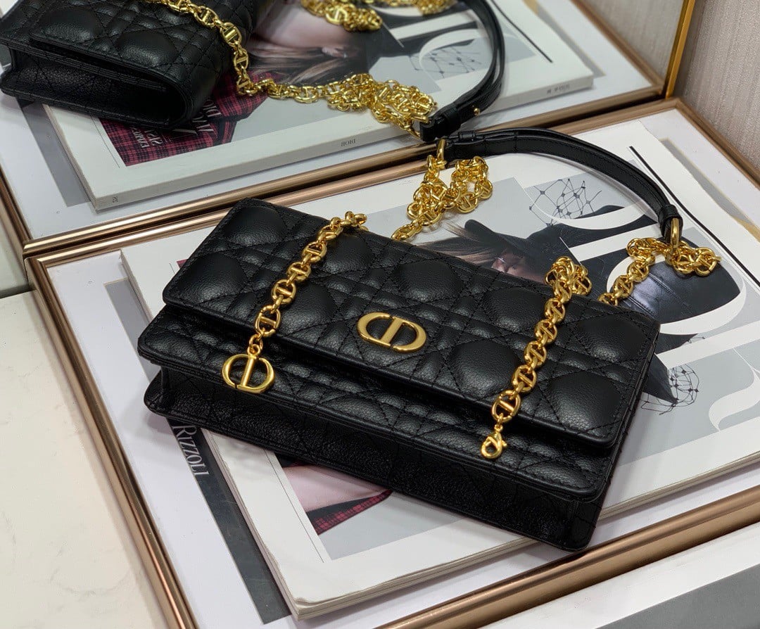 Dior Caro Belt Pouch with Chain In Black Calfskin