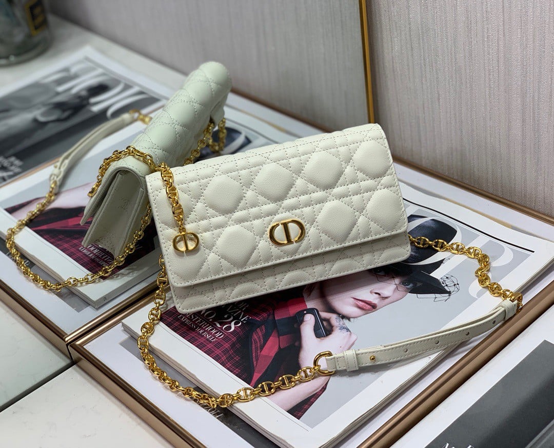 Dior Caro Belt Pouch with Chain In White Calfskin