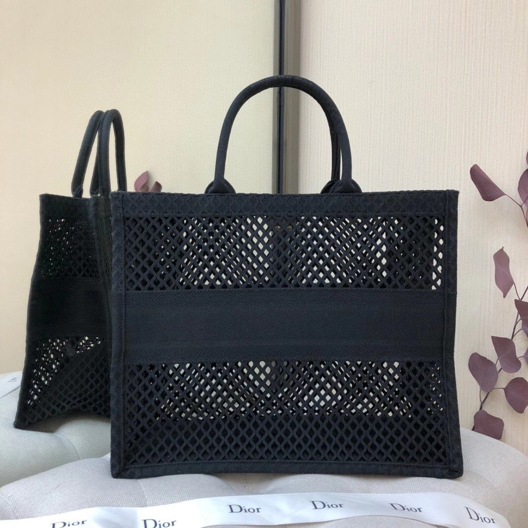 Dior Large Book Tote Bag In Black Mesh Embroidery