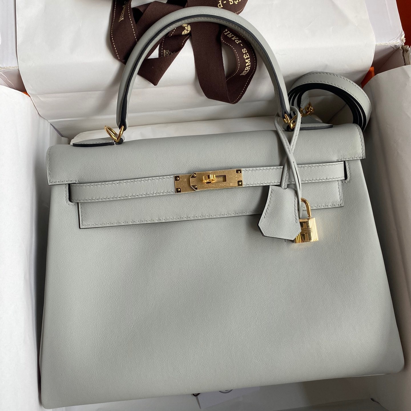 Hermes Kelly Retourne 32cm Handmade Bag In Blue Glacier Swift Calfskin