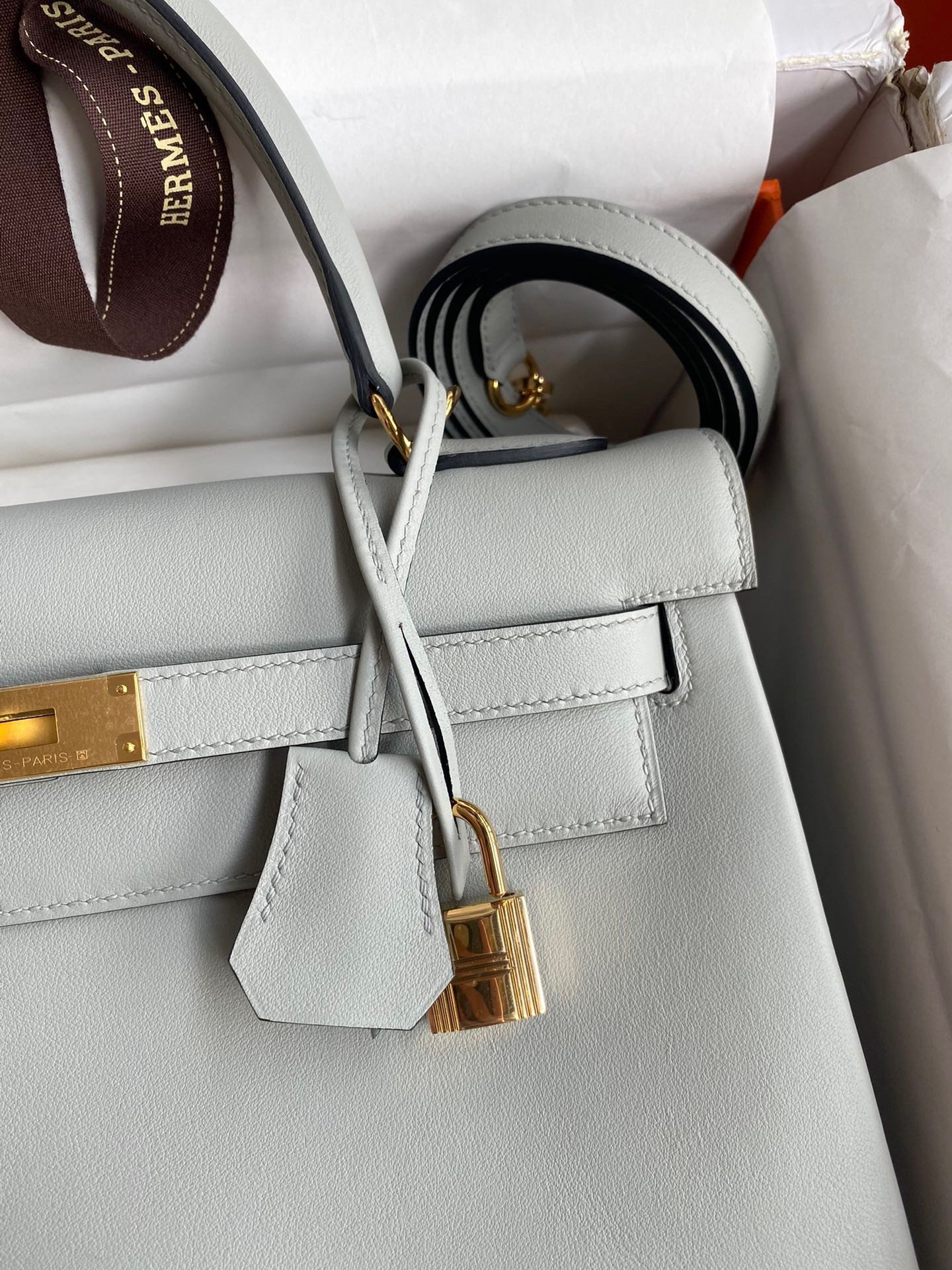 Hermes Kelly Retourne 32cm Handmade Bag In Blue Glacier Swift Calfskin