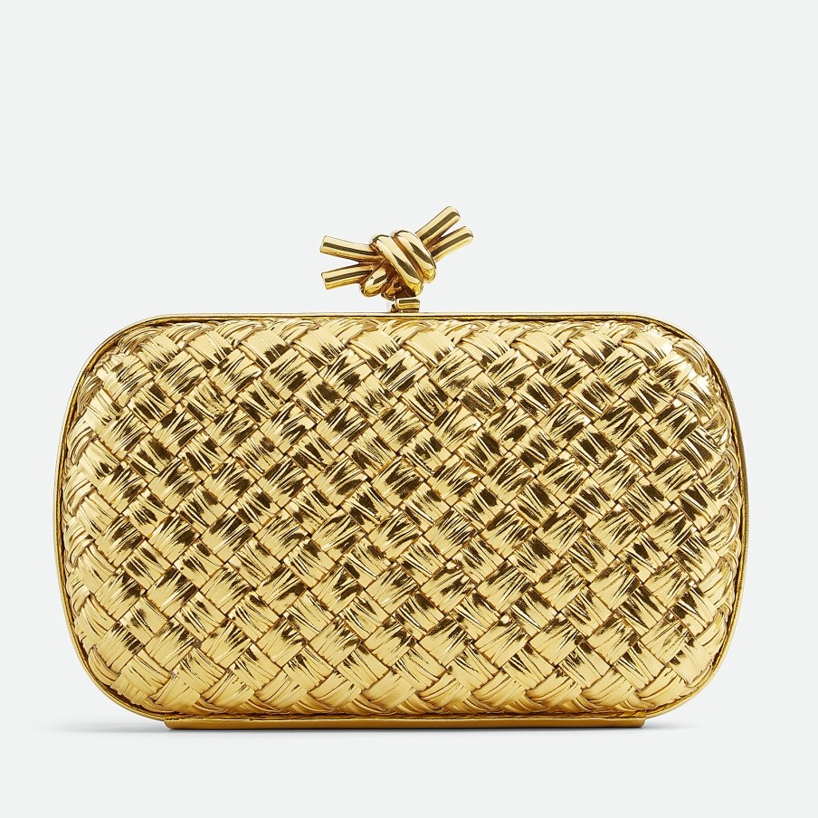 Bottega Veneta Knot Minaudiere Clutch In Gold Intreccio laminated Leather