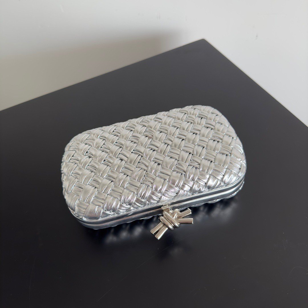 Bottega Veneta Knot Minaudiere Clutch In Silver Intreccio laminated Leather