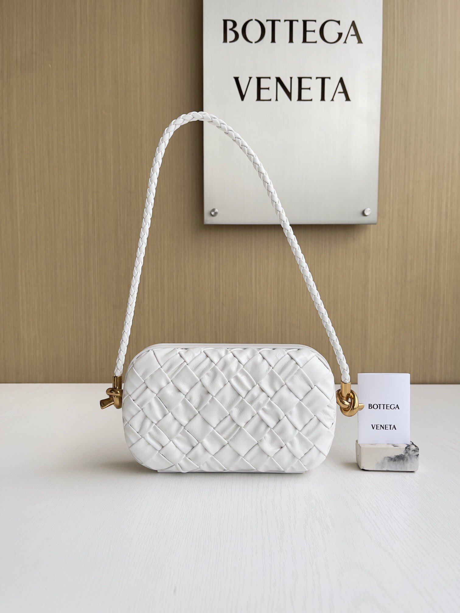 Bottega Veneta Knot Minaudiere On Strap In White Foulard Intreccio Leather