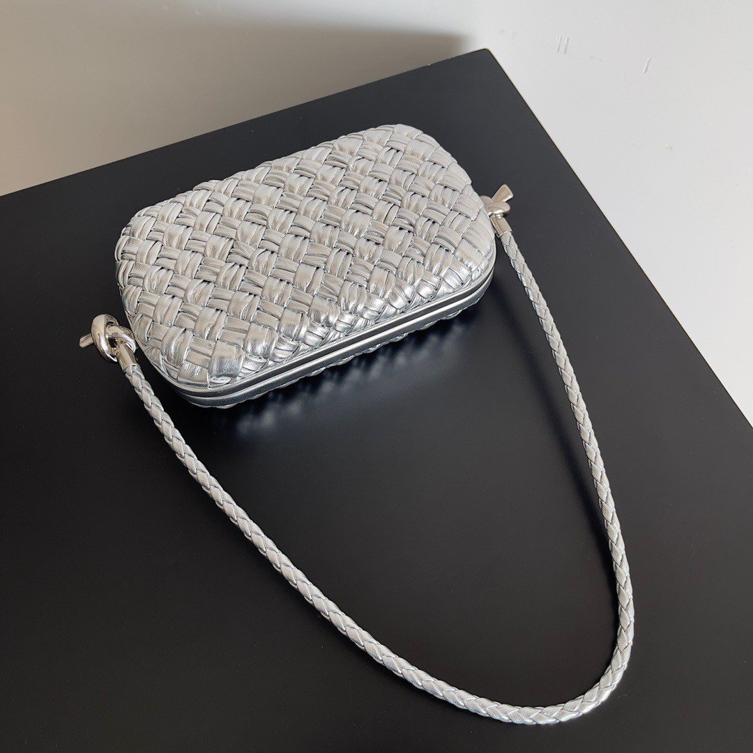 Bottega Veneta Knot Minaudiere On Strap In Silver Intreccio Laminated Leather