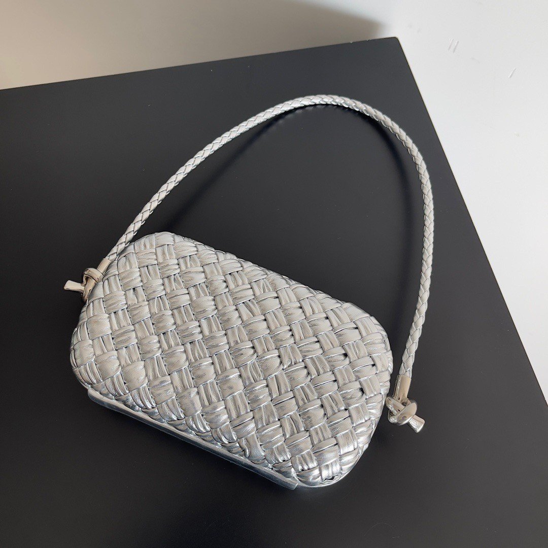 Bottega Veneta Knot Minaudiere On Strap In Silver Intreccio Laminated Leather