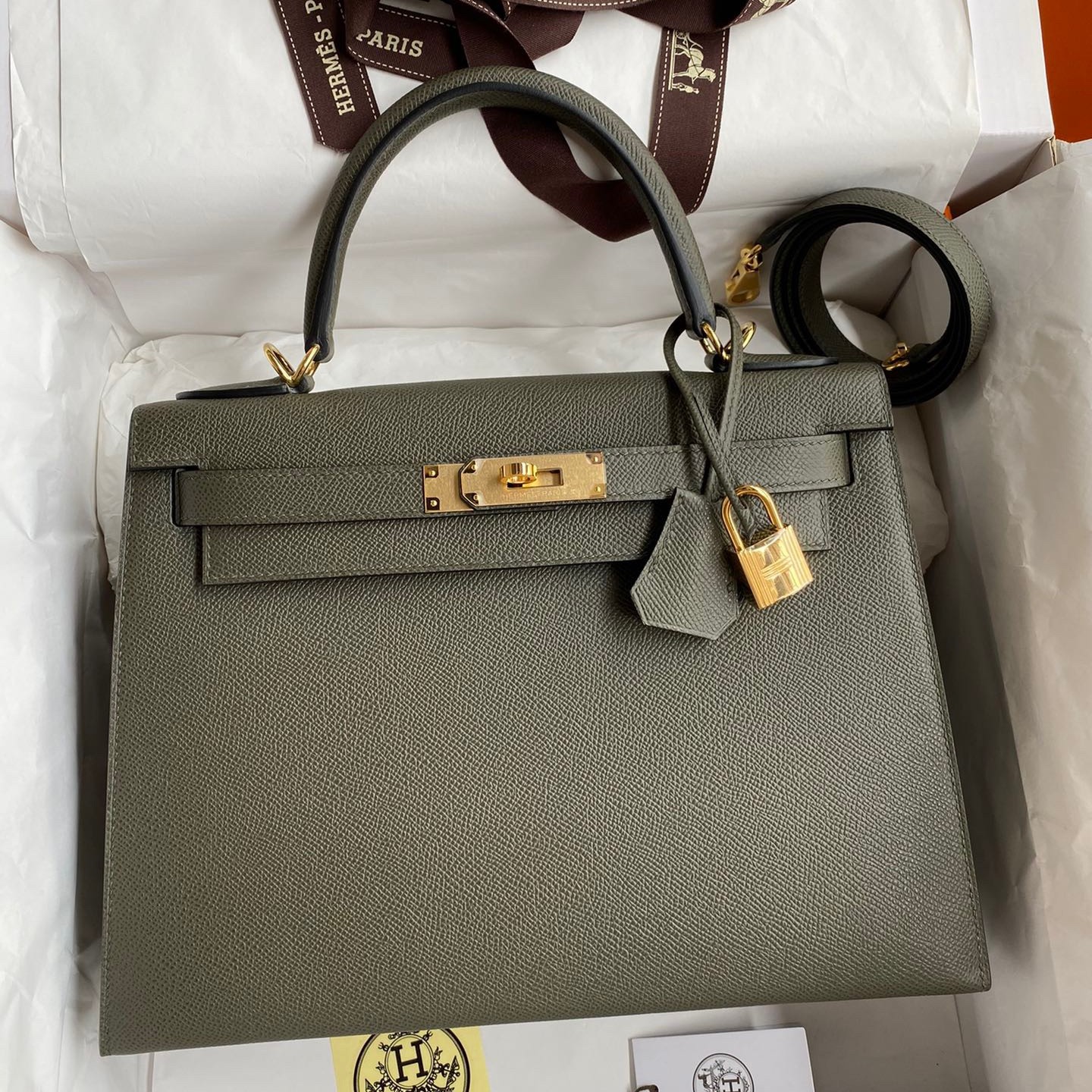 Hermes Kelly Sellier 28 Handmade Bag In Vert De Gris Epsom Calfskin