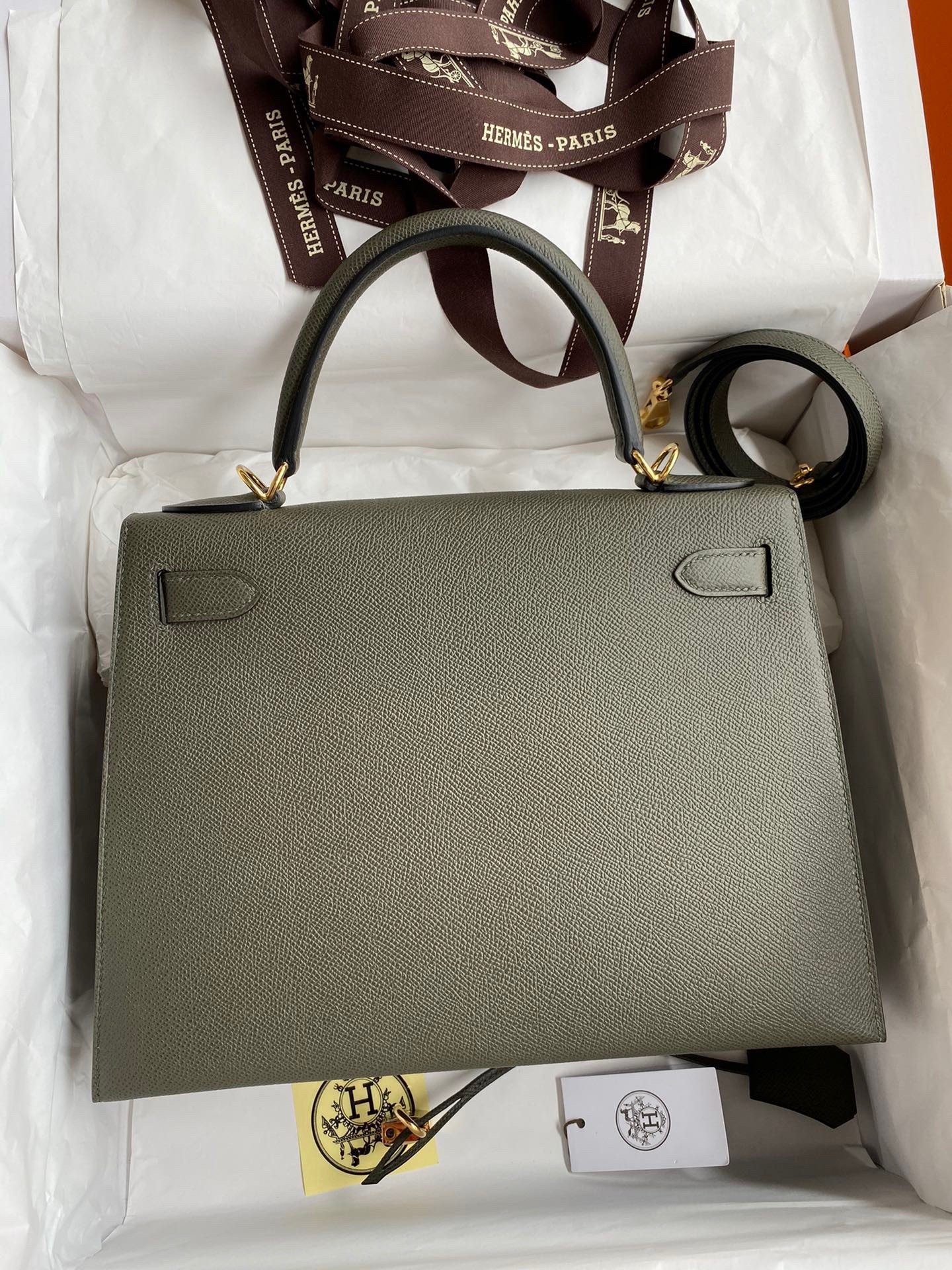 Hermes Kelly Sellier 28 Handmade Bag In Vert De Gris Epsom Calfskin