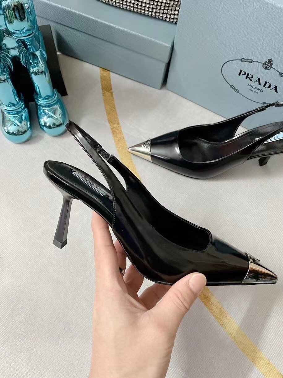 Prada Slingback Pumps 75MM In Black Brushed Leather