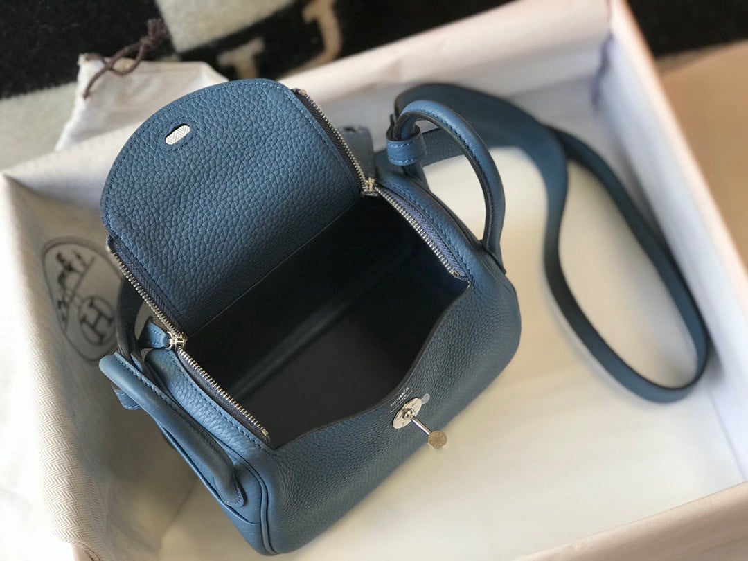 Hermes Lindy Mini Bag In Blue Agate Clemence Leather PHW