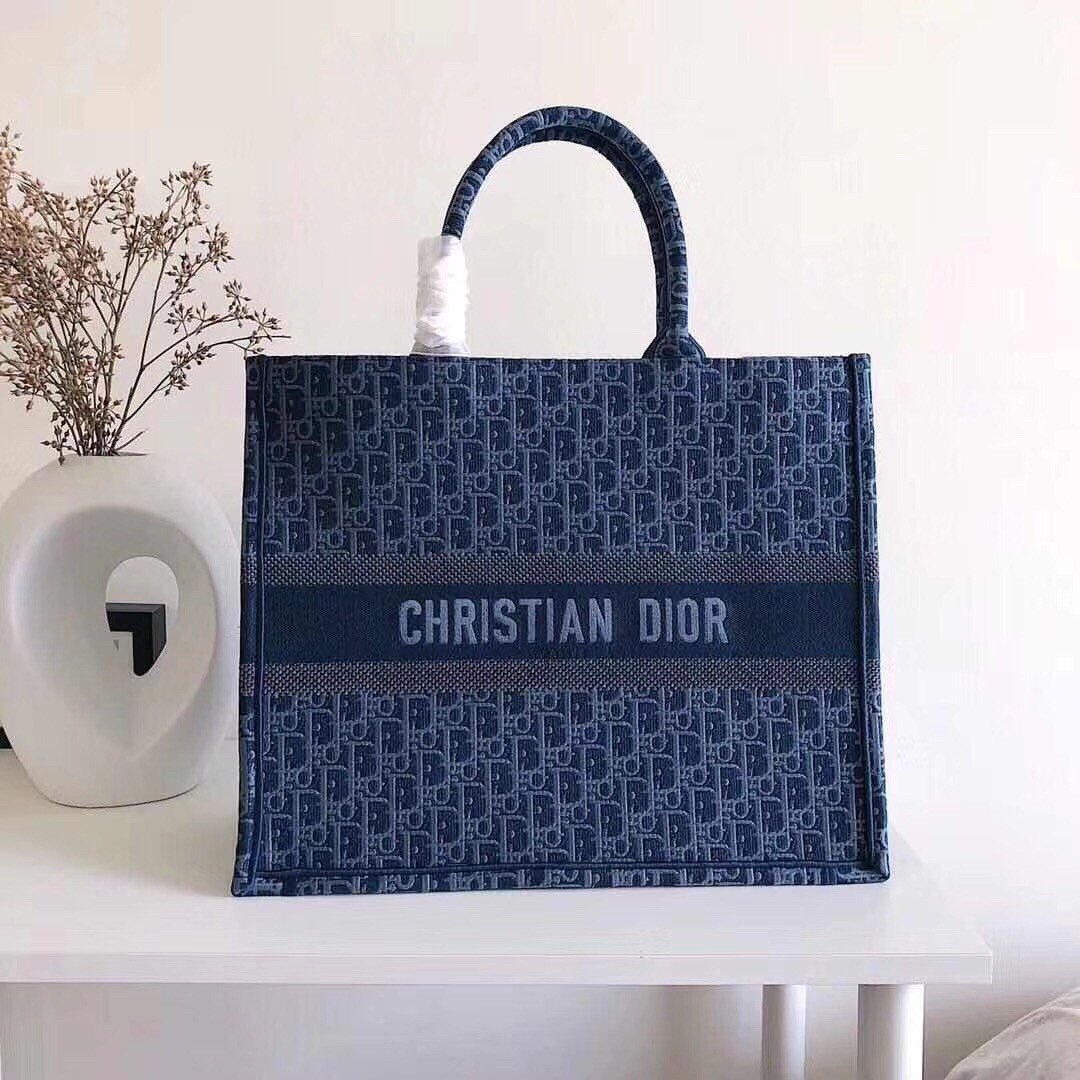 Dior Large Book Tote Bag In Denim Blue Dior Oblique Canvas