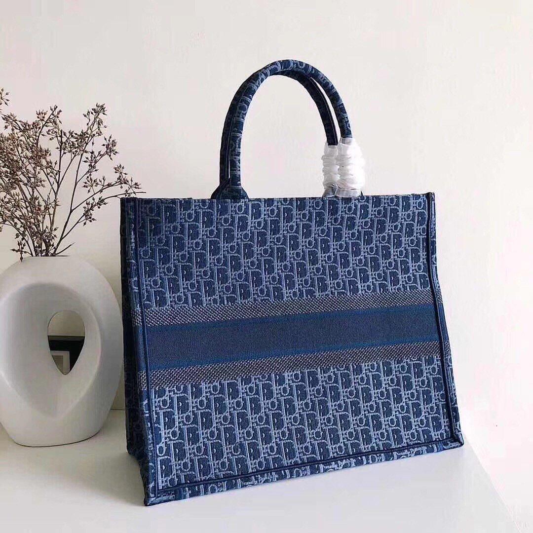 Dior Large Book Tote Bag In Denim Blue Dior Oblique Canvas