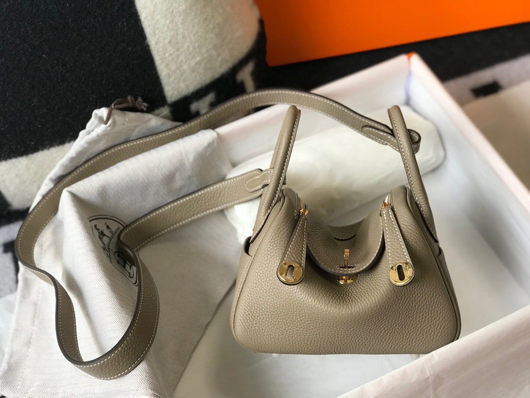 Hermes Lindy Mini Bag In Gris Tourterelle Clemence Leather GHW