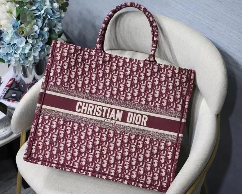 Dior Large Book Tote Bag In Bordeaux Dior Oblique Embroidery