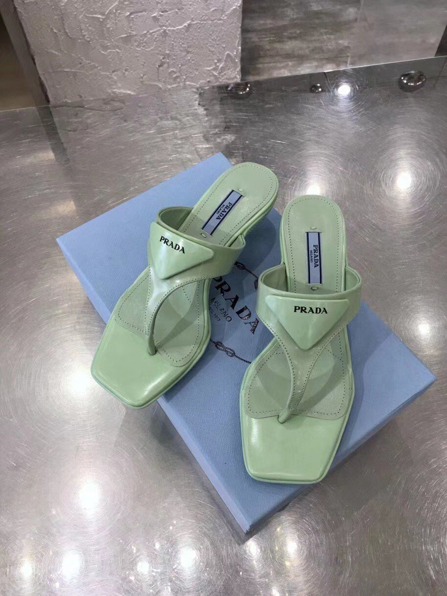 Prada Heeled Thong Sandals In Aqua Brushed Leather