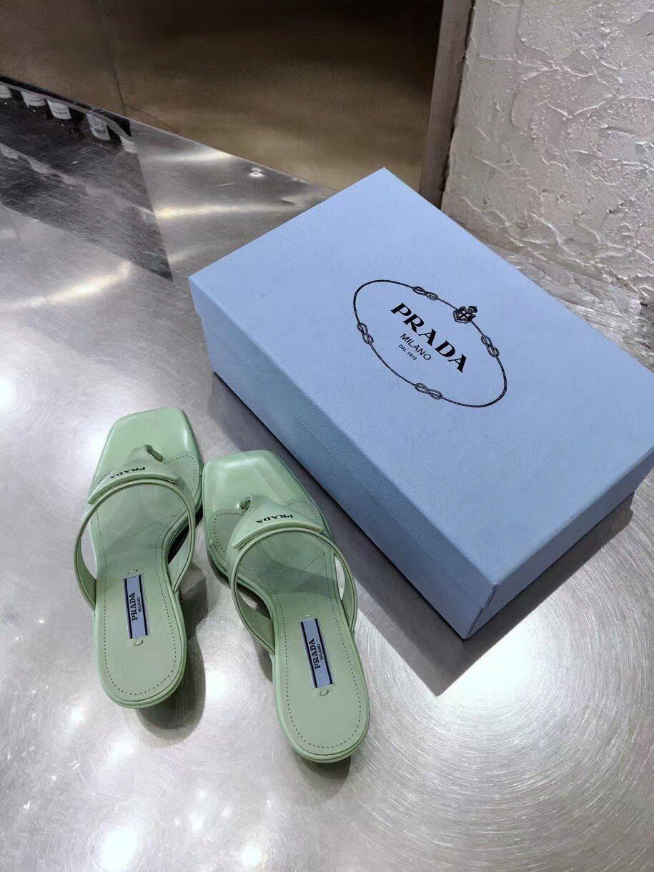 Prada Heeled Thong Sandals In Aqua Brushed Leather