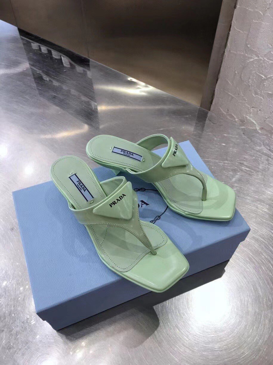 Prada Heeled Thong Sandals In Aqua Brushed Leather