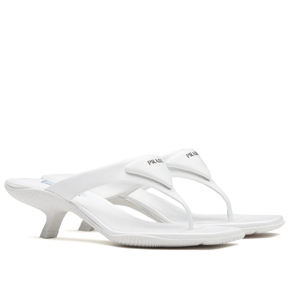 Prada Heeled Thong Sandals In White Brushed Leather