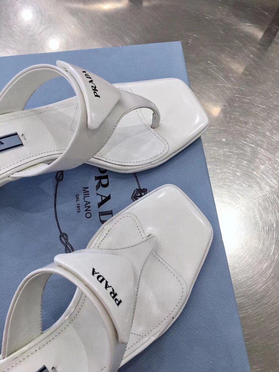 Prada Heeled Thong Sandals In White Brushed Leather